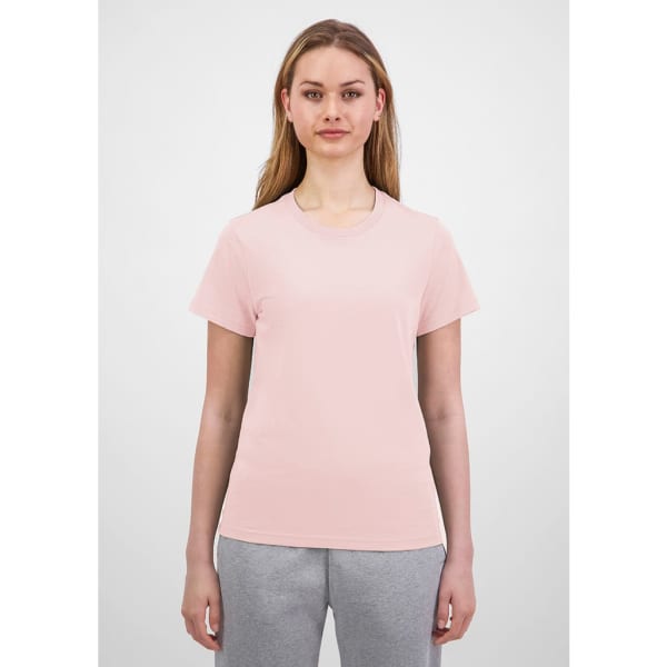 A pink short-sleeve women's T-shirt displayed on a model, featuring a simple design and a logo.