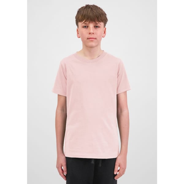 A light pink youth short sleeve tee with a classic crew neck design, featuring a logo on the chest.