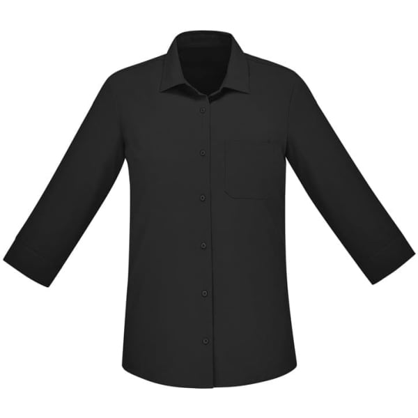 A black women's button-up shirt with 3/4 sleeves and a chest pocket, featuring a simple design and a logo.