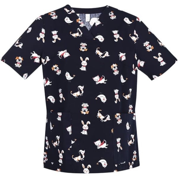 A navy scrub top featuring various playful animal prints and a logo on the fabric. Ideal for uniform wear.