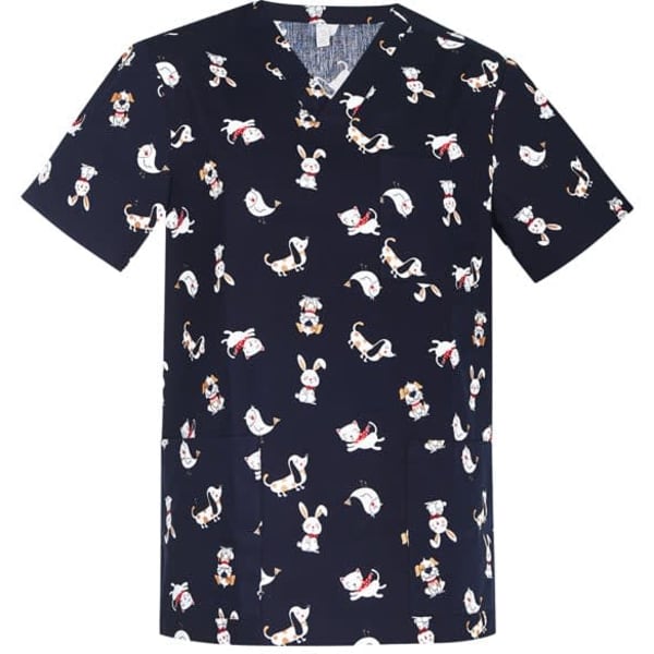 Mens printed scrub top in navy featuring a playful pattern of animals and various designs. Includes a logo.