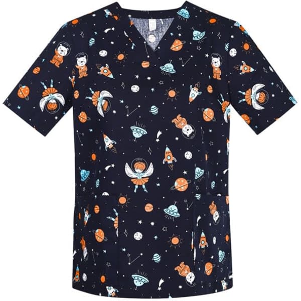 A navy scrub top featuring a space-themed print with planets, rockets, and astronauts. Includes branding.