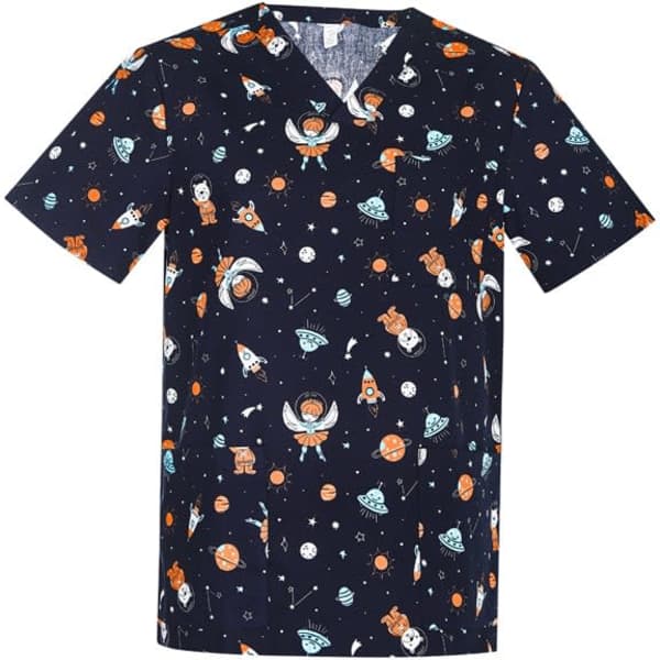 A navy scrub top featuring a fun space-themed print with planets, astronauts, and rockets. It has a logo.