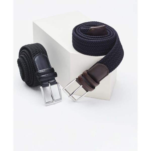 A dark blue braided belt and a black woven belt both featuring silver buckles, displayed on a white pedestal.