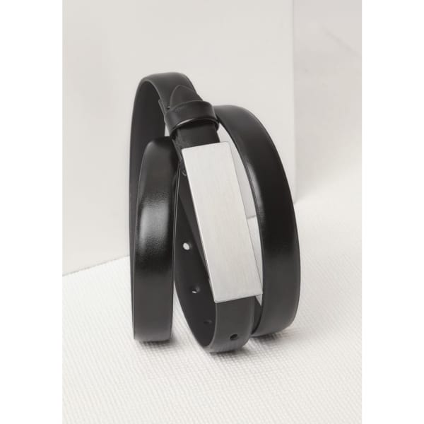 A black women's leather belt with a silver rectangular buckle, displayed on a neutral background.
