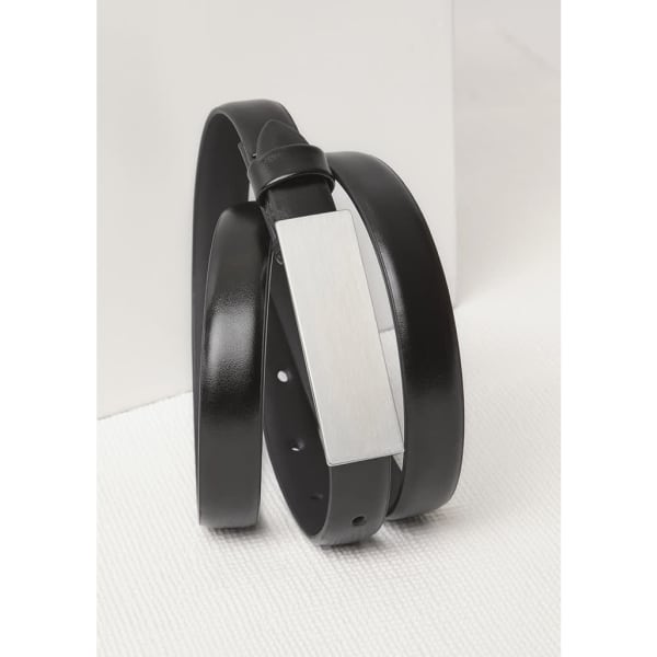 A black leather belt with a sleek silver buckle and a minimalist design, featuring a logo on the buckle.