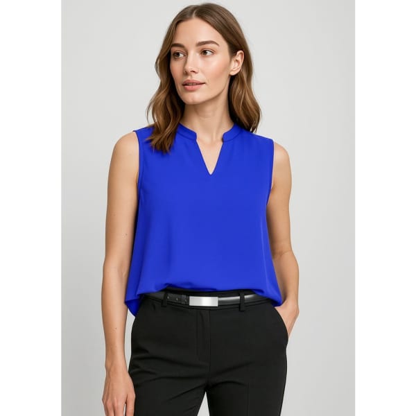 A sleeveless blouse in vibrant blue with a v-neckline, styled for a relaxed fit. Features branding.