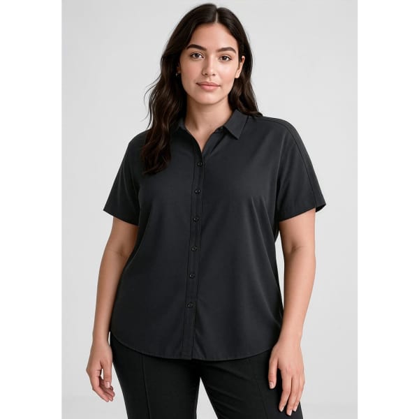 A black short sleeve blouse featuring a button-down front and a collar. The model is wearing the blouse.