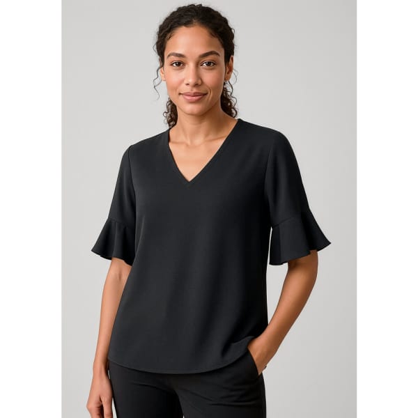 A black fluted sleeve blouse with a V-neckline, worn by a model against a neutral background.