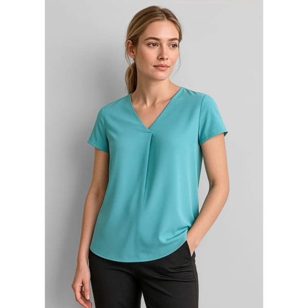 A teal V-neck pleat blouse with short sleeves, featuring a relaxed fit and a subtle pleat detail.
