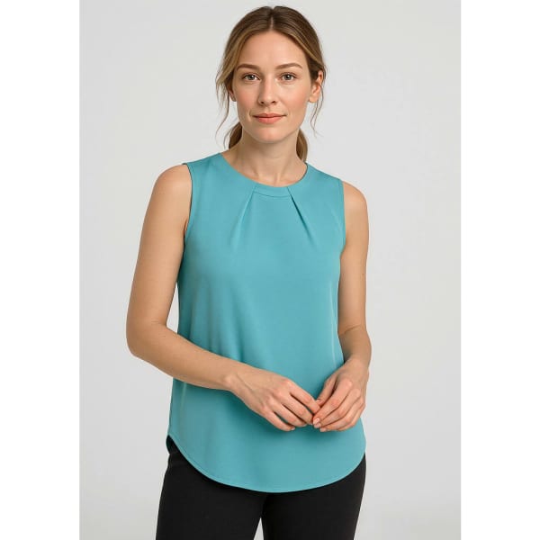 A sleeveless pleat detail blouse in a teal colour, featuring a round neckline and a flowing silhouette.