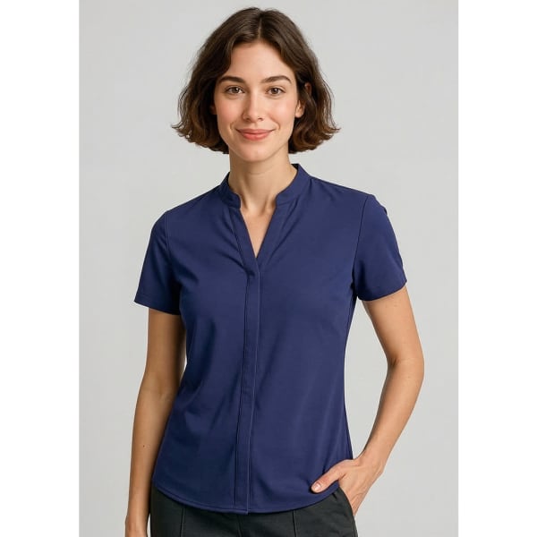 A short sleeve blouse in navy blue with a collar and subtle button detailing, featuring a branding logo.
