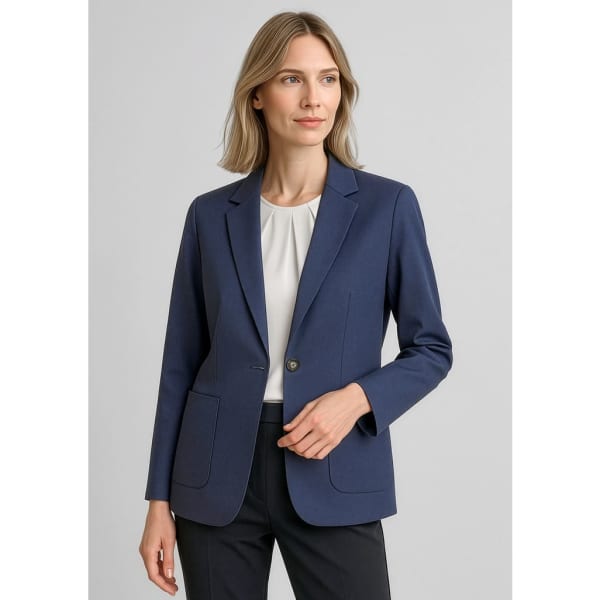 A navy women's blazer with a tailored fit, featuring a single button closure and two front pockets.