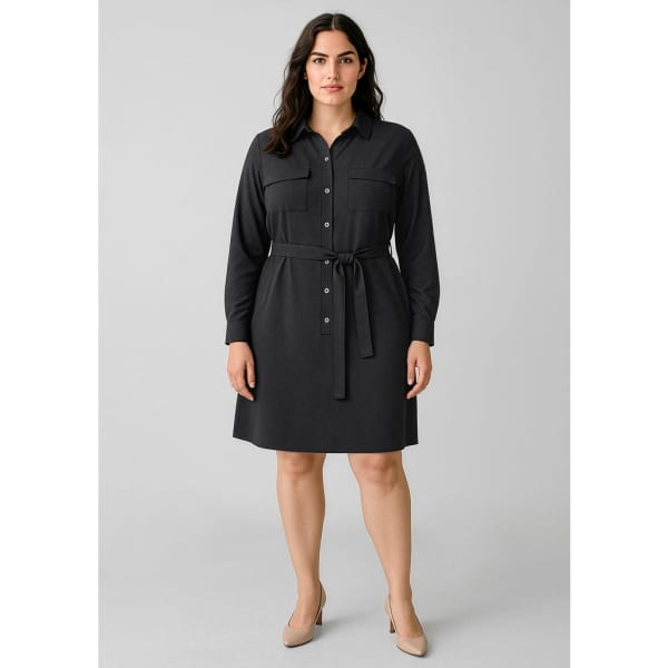A black women's dress featuring a button-up front, two chest pockets, and a belted waist. It has long sleeves and a casual style.