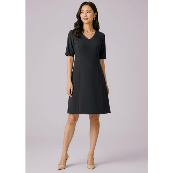 A black extended short sleeve dress with a V-neckline and a fitted silhouette, featuring a logo on the design.