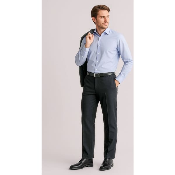 A model wearing black adjustable waist slacks, paired with a light blue shirt and a black jacket, featuring a logo.