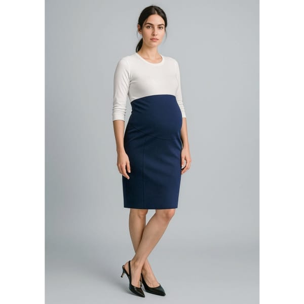 A maternity skirt featuring a fitted navy design with a contrasting white top, worn by a model.
