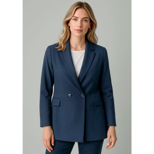 A double-breasted longline jacket in navy blue, featuring two front pockets and a structured design.