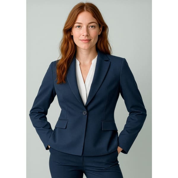 A navy mid-length blazer with a single button, featuring a tailored fit and two front pockets.