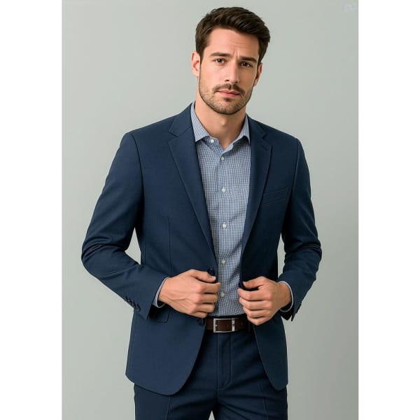 A navy blue men's suit jacket paired with a light checkered shirt, featuring a logo.