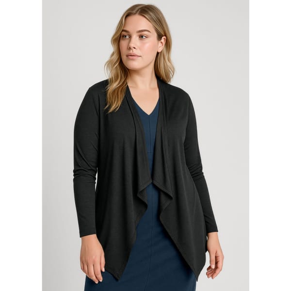 A black waterfall cardigan with long sleeves and a draped front, displayed over a blue dress.