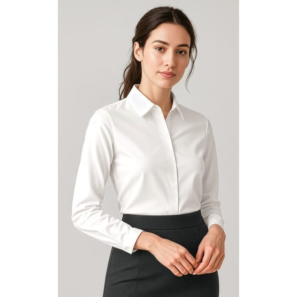 A white button-up shirt for women with long sleeves and a collar, displayed on a model against a neutral background.