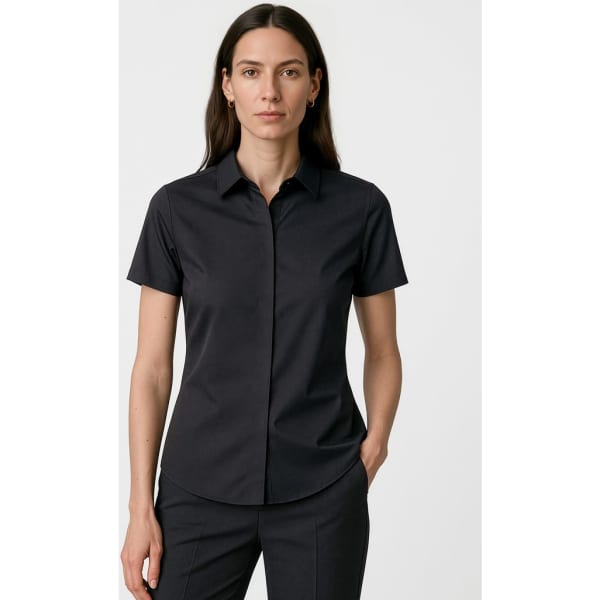 A fitted black women's short sleeve button-up shirt with a collar, featuring a single logo on the chest.
