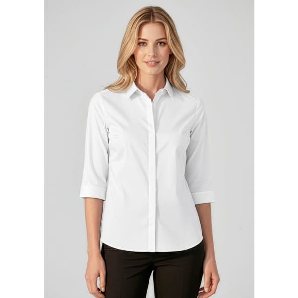 A white women's button-up shirt with 3/4 sleeves, featuring a collar and a fitted design.
