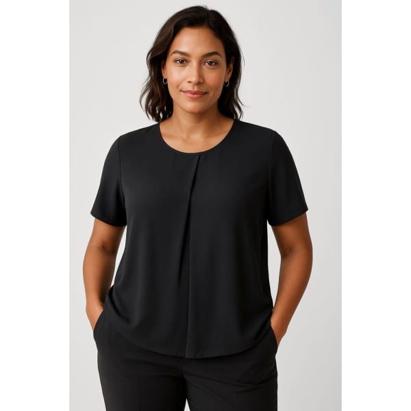 A black women's short sleeve T-top with a relaxed fit and round neckline, featuring a subtle pleat detail.
