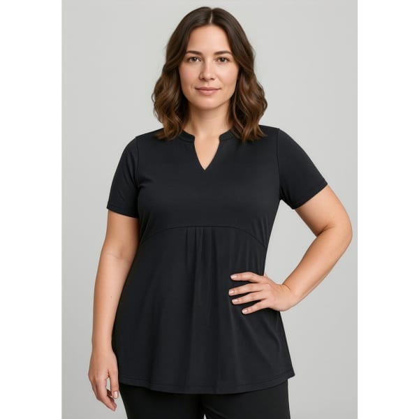 A black women's Mali Stretch Tunic T-Top featuring a v-neck and a flattering fit through the body.
