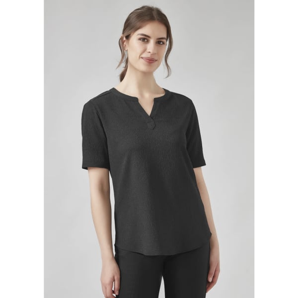 A short sleeve blouse in black with a relaxed fit and a buttoned neckline, featuring a subtle texture.