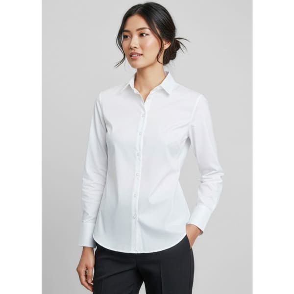 A white button-up long sleeve shirt for women, featuring a classic collar and fitted design. It has a logo on the sleeve.