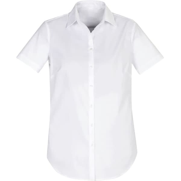 A white short sleeve button-up shirt with a classic collar and a rounded hem, featuring a logo.