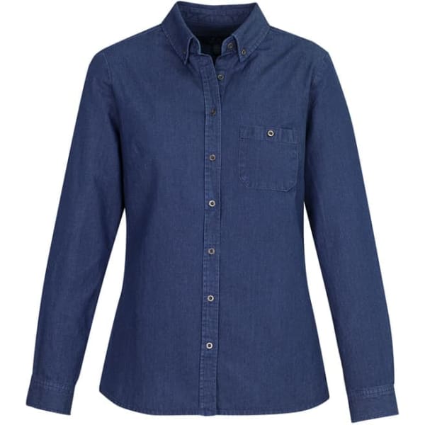 A women's button-up shirt in a dark blue denim style with a single chest pocket and long sleeves.