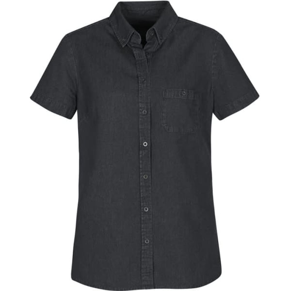 A black women's short sleeve button-up shirt with a chest pocket and a collar. It has a simple design and a logo.
