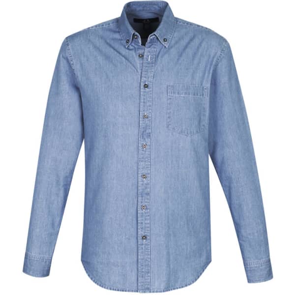 A blue long sleeve button-up shirt featuring a chest pocket and a logo on the collar.