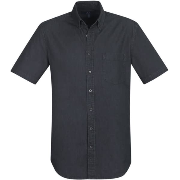 A dark grey short sleeve button-up shirt featuring a chest pocket and a collar. It has branding on the side.