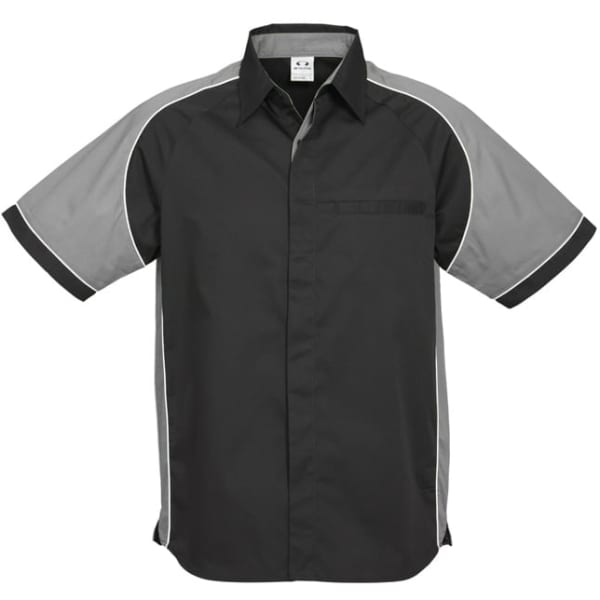 A short sleeve button-up shirt in black and grey with contrasting trim and a chest pocket. It features a logo.
