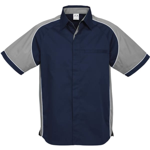 A short sleeve button-up shirt featuring navy and grey colours with a chest pocket and branding.