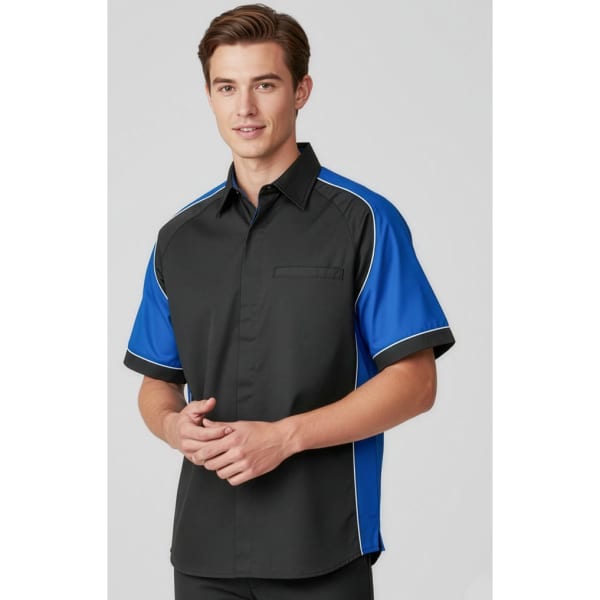 A short-sleeve button-up shirt in black and blue, featuring a chest pocket and a logo on the front.