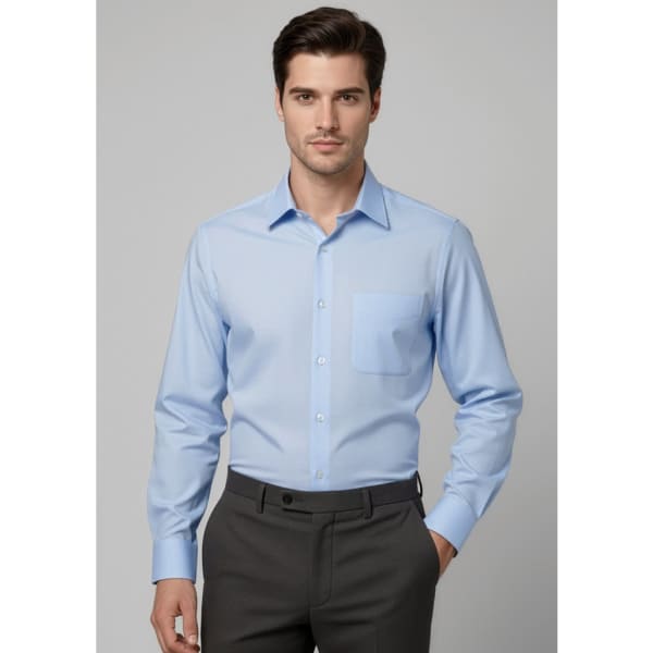 A men's long sleeve button-up shirt in light blue with a single chest pocket, displayed against a grey background.