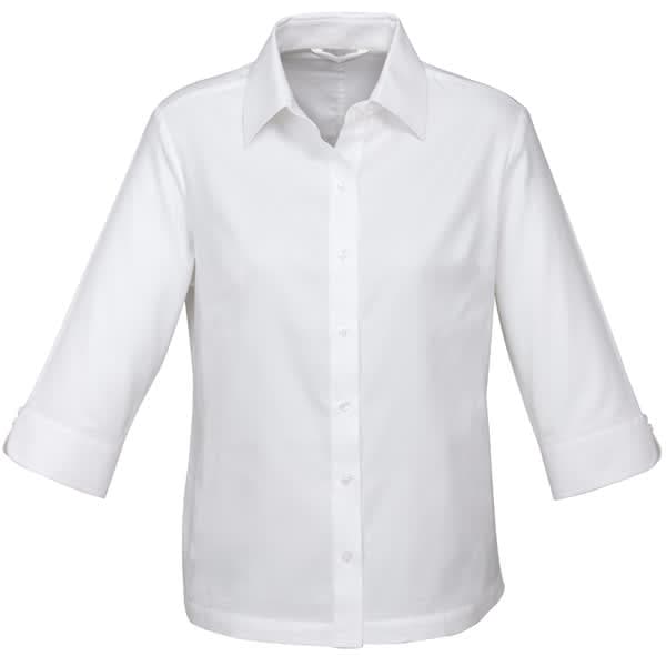 A white women's 3/4 sleeve button-up shirt with a collar and rolled sleeves, featuring a small logo.