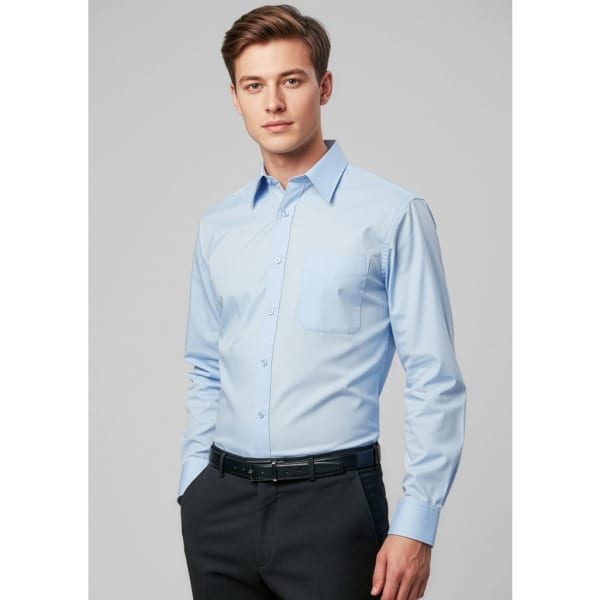 A light blue long sleeve button-up shirt on a model, featuring a chest pocket and a subtle logo.