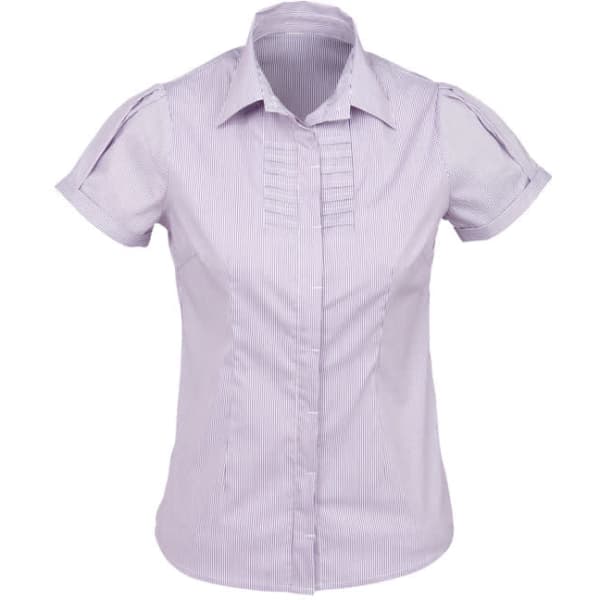 A short sleeve button-up shirt in light purple with pleated detail and a collar. It features a logo.