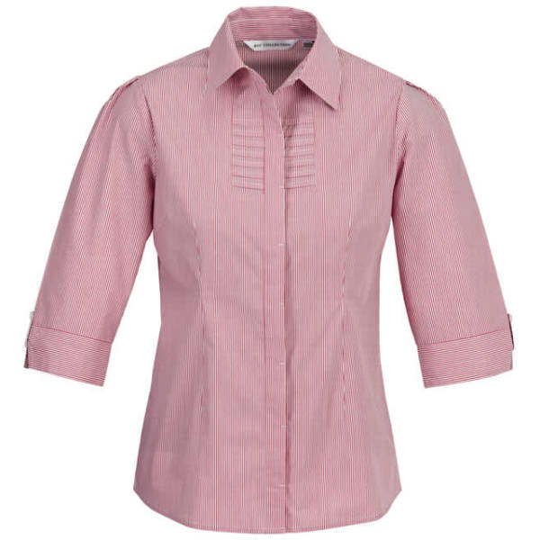 A pink and white striped button-up shirt with 3/4 sleeves and a collar, featuring a logo.