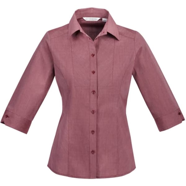 A maroon ladies' button-up shirt with 3/4 sleeves and a collar, featuring a logo.