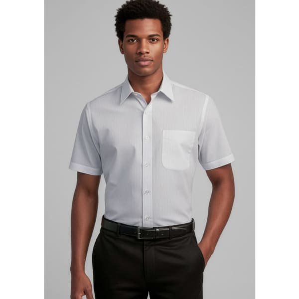 A light grey short sleeve button-up shirt with a chest pocket, featuring a logo on the left side.