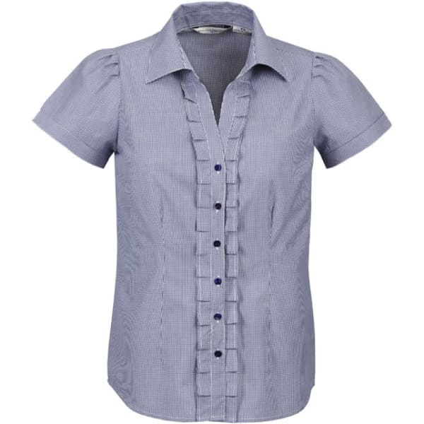 A short sleeve button-up shirt in blue and white stripes, featuring a ruffled front and a logo.