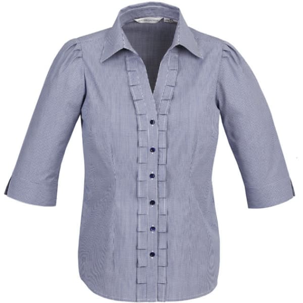 A blue and white striped women's 3/4 sleeve button-up shirt with puffed sleeves and a ruffled front.