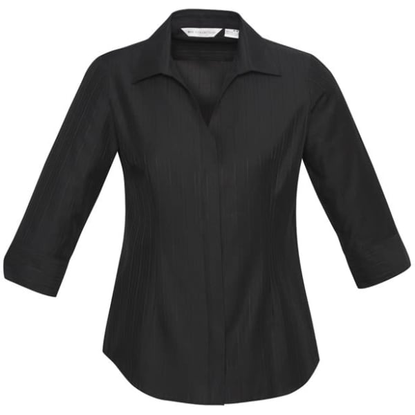 A black women's button-up shirt with 3/4 sleeves and a collar, featuring a subtle textured design.